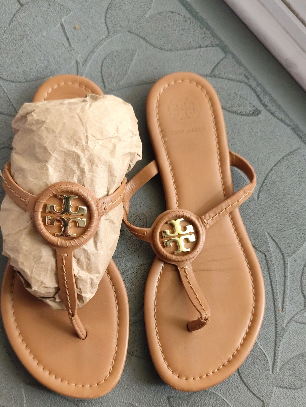 Tory Burch Tan Leather Logo Thong Sandals with Gold Emblem